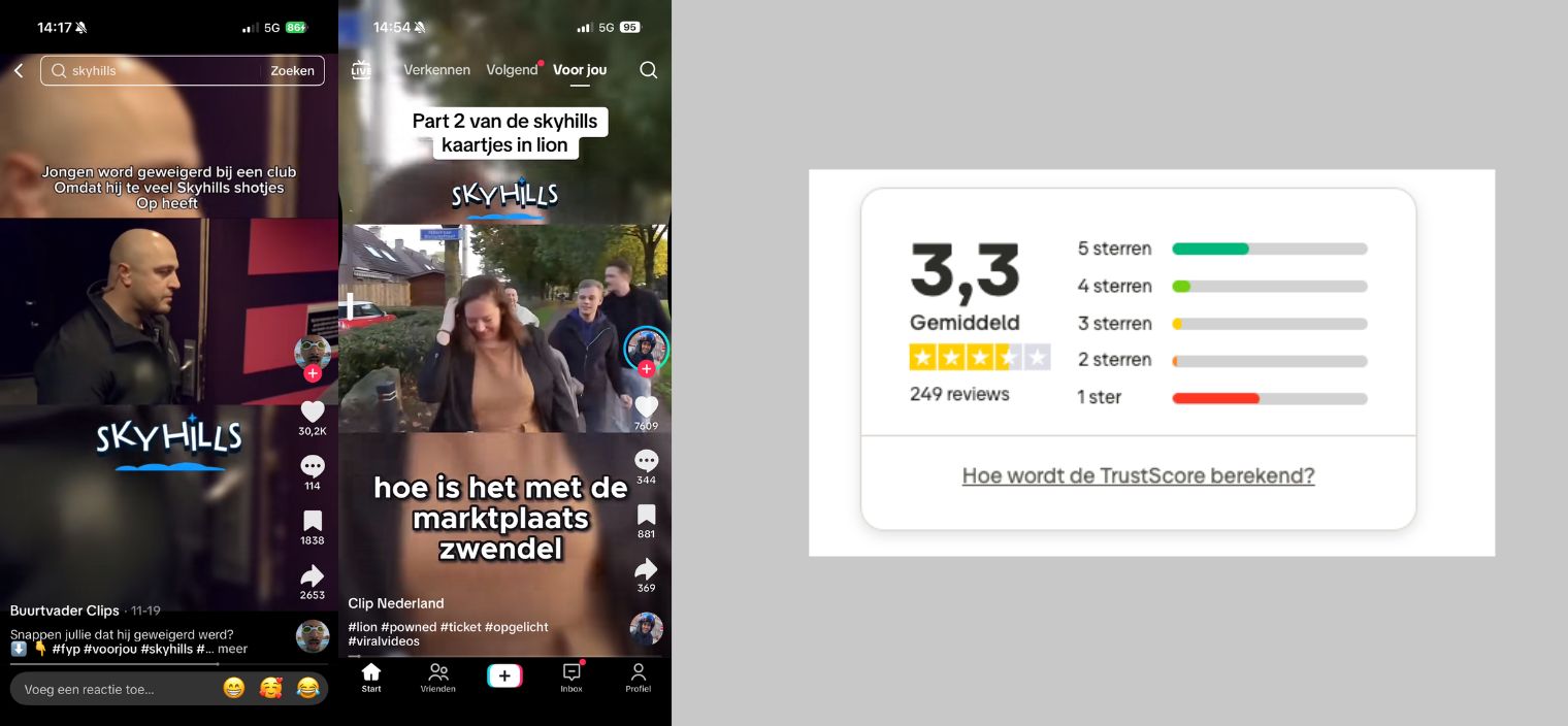 Bewijs van Tiktok reclame en negatieve reviews Trustpilot