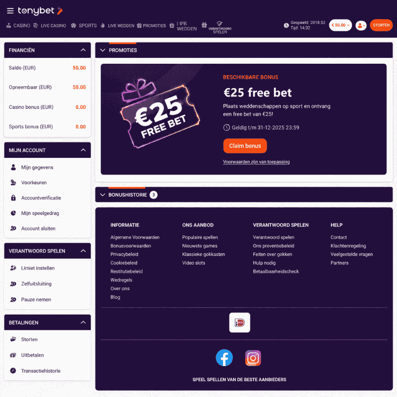 Tonybet sportbonus claimen via Mijn bonussen