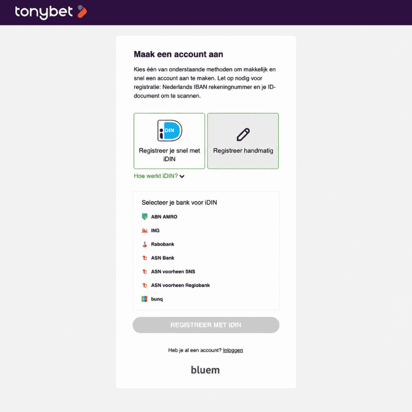 Registratiepagina voor het aanmaken van een Tonybet-account