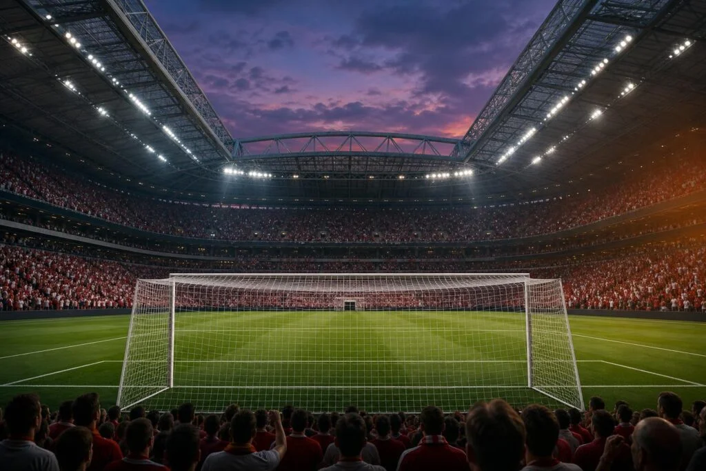 Het lege doel in de ArenA voor de aftrap, illustratie