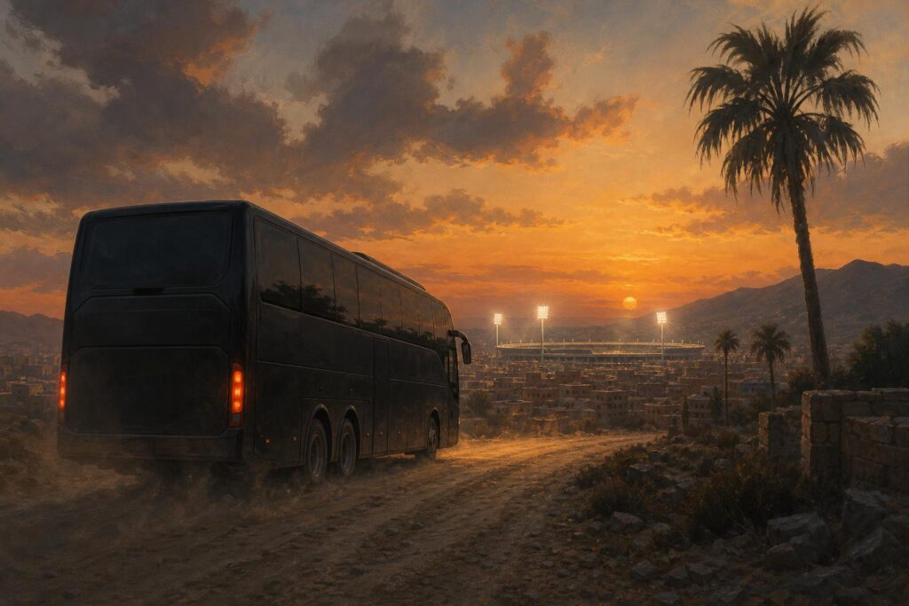 Een spelersbus onderweg naar stadionlichten in de schemering, illustratie