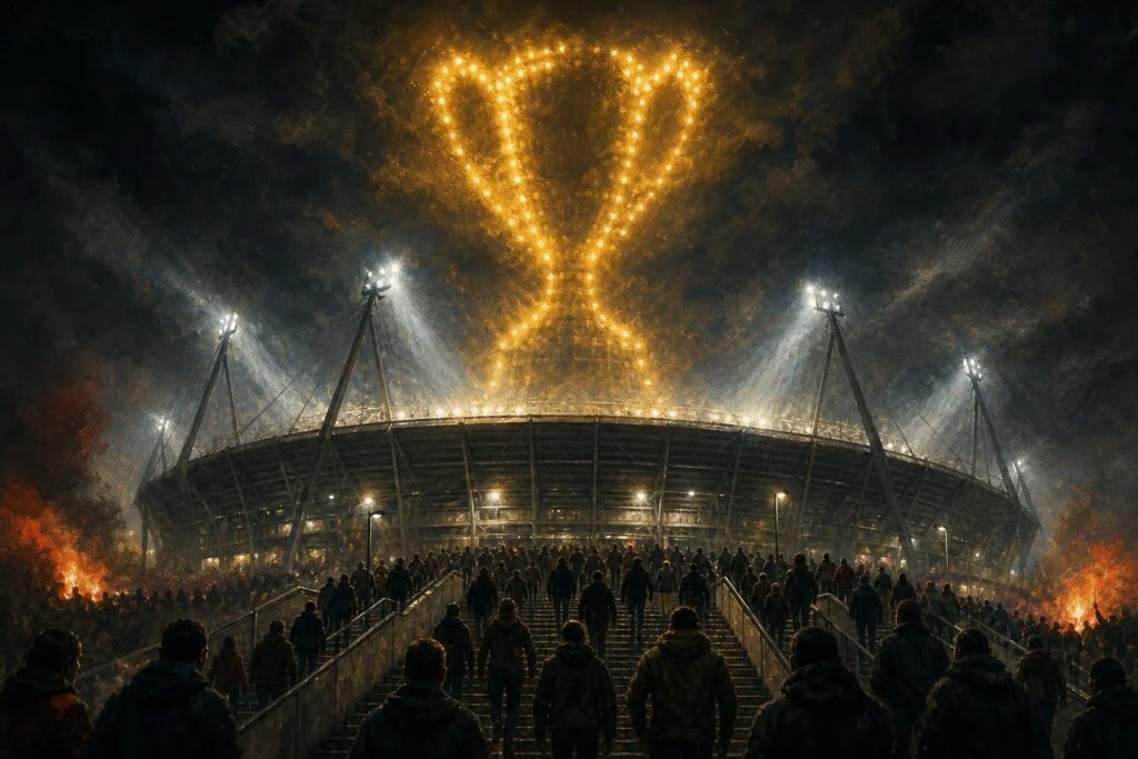 Stadionlicht boven een avondwedstrijd, gezien van buiten de kom, illustratie