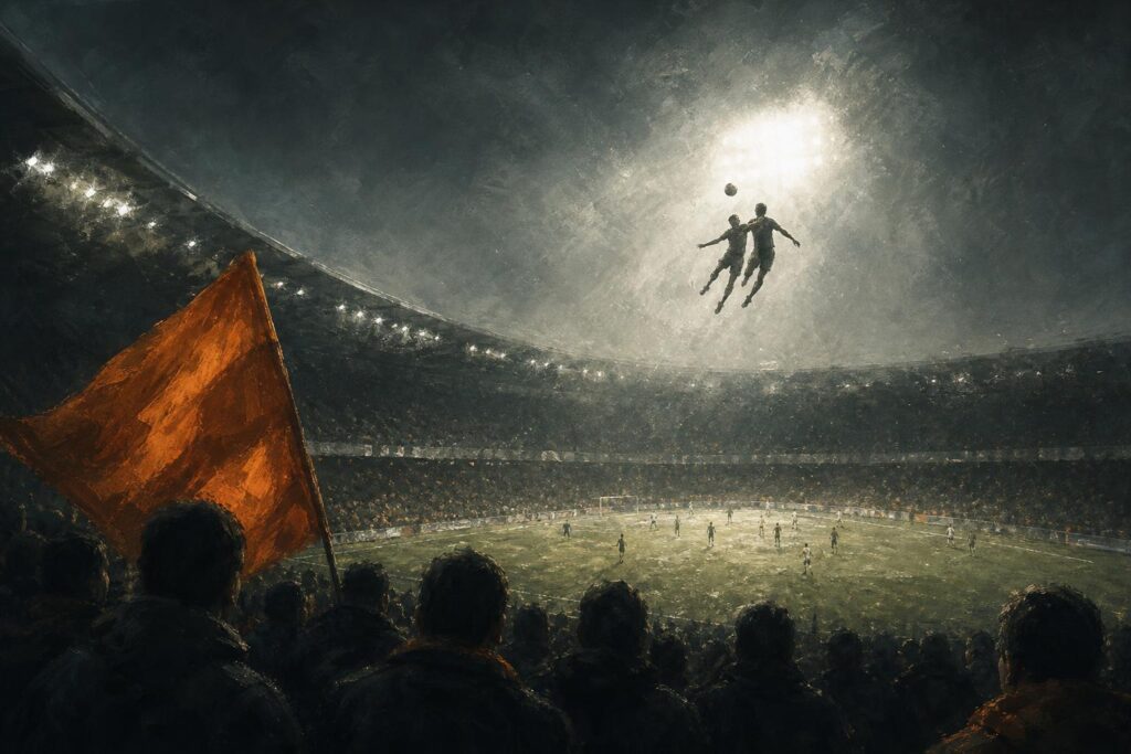Twee silhouetten in een kopduel tegen het licht van de lichtmasten, illustratie