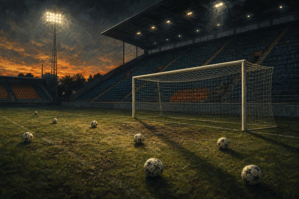 Ballen voor een leeg doel onder avondlicht, illustratie