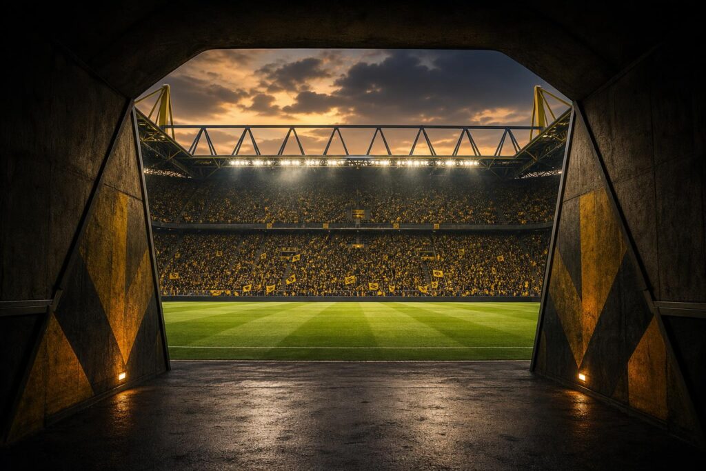 Vanuit de spelerstunnel het veld op in Dortmund, illustratie