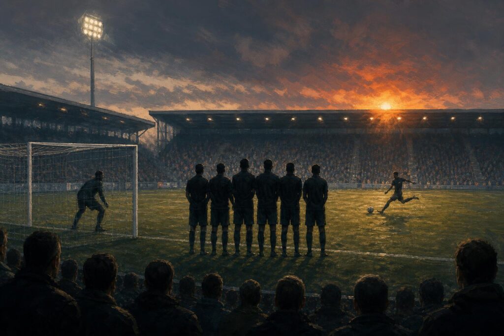 Een muurtje van silhouetten bij een vrije trap in het avondlicht, illustratie