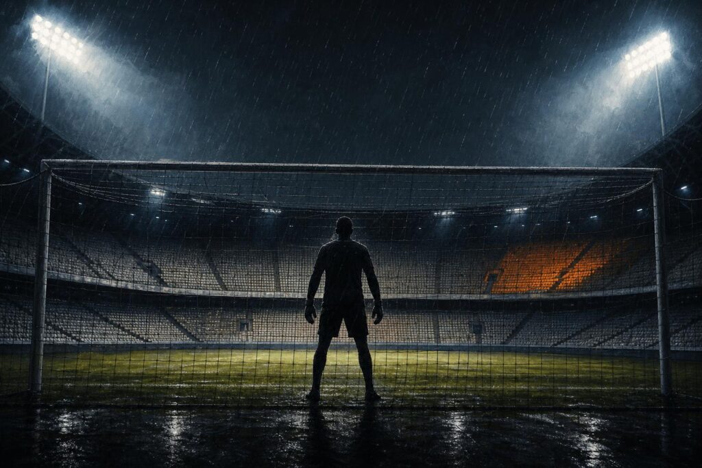 Het silhouet van een doelman op de doellijn in de regen, illustratie