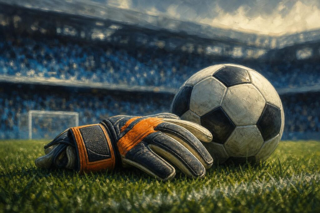 Keepershandschoenen en een bal op het gras voor een blauwe tribune, illustratie
