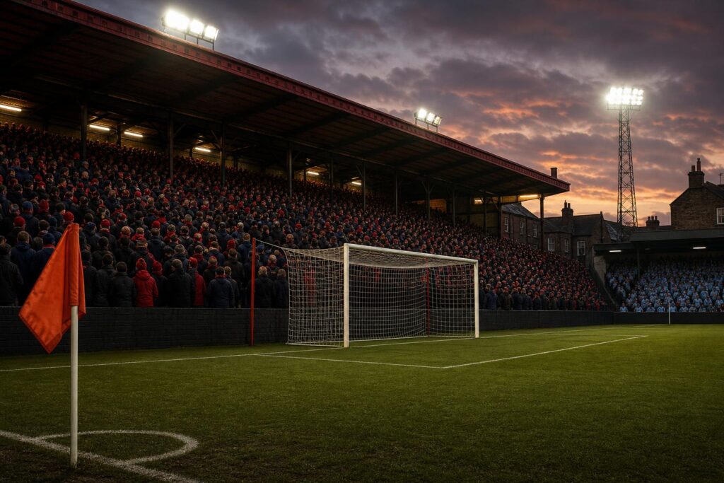 Het lege doel op Selhurst Park met het lichtblauwe uitvak in de hoek, illustratie