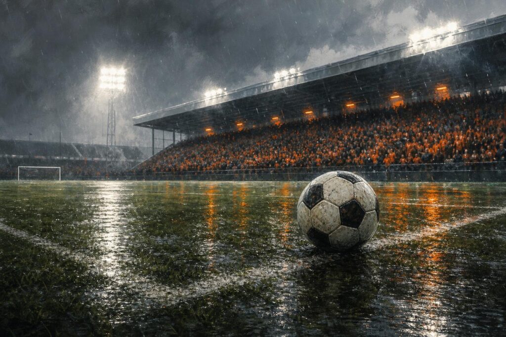 Een nat veld onder de lichtmasten met een bal op de voorgrond, illustratie
