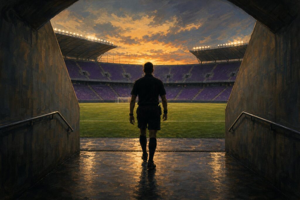 Een scheidsrechter loopt het veld op in het avondlicht, illustratie