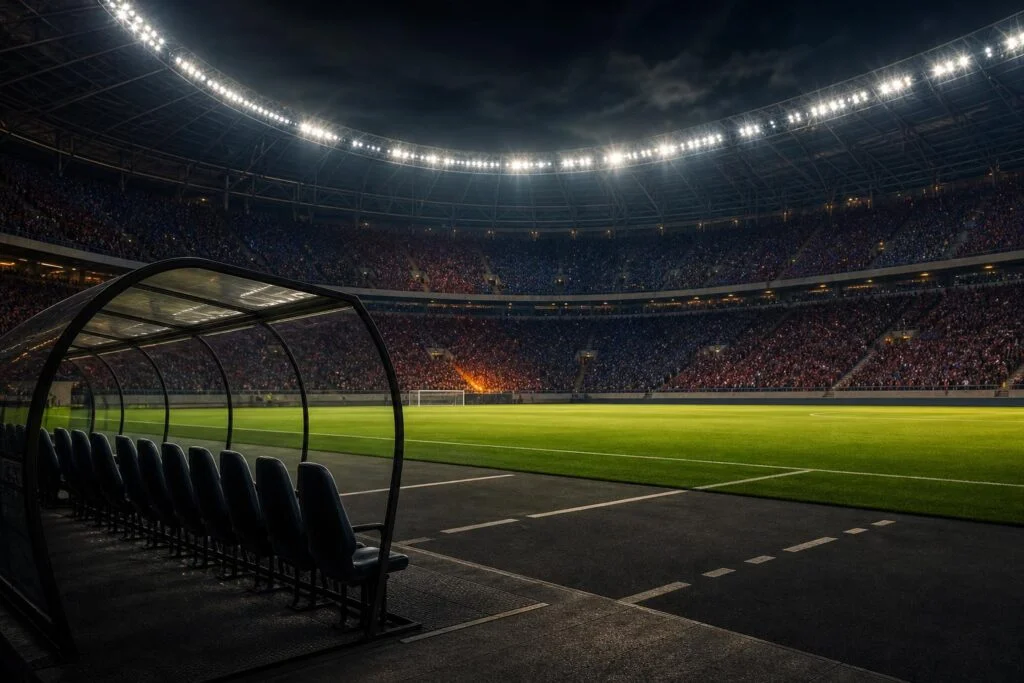 De lege bank in Camp Nou voor de aftrap, illustratie