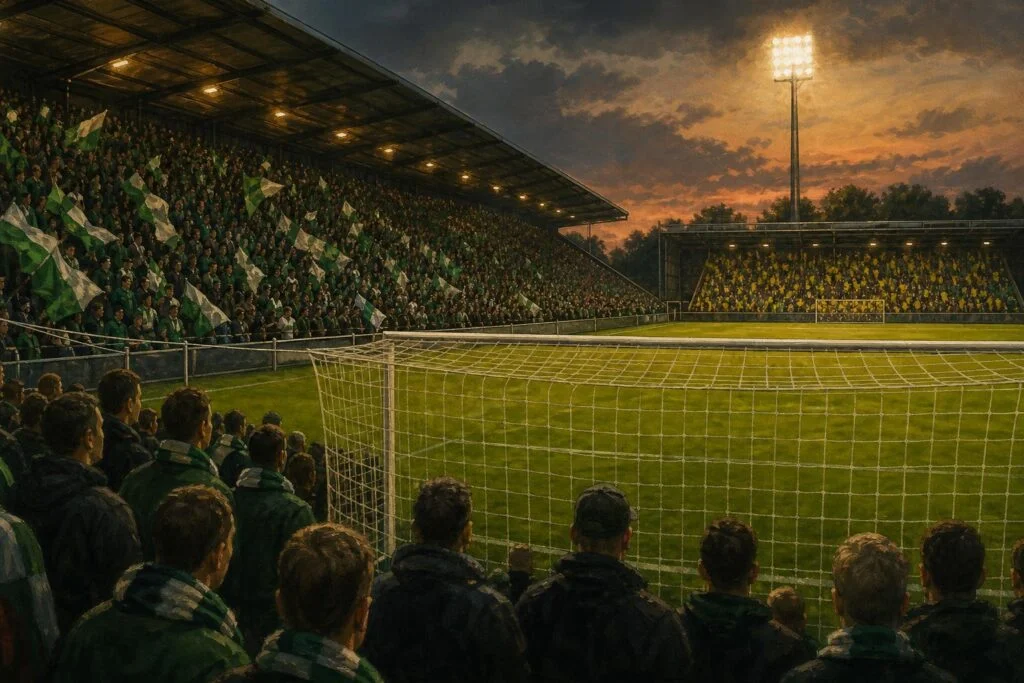 Het doel in de Euroborg met het geel-groene uitvak in de hoek, illustratie