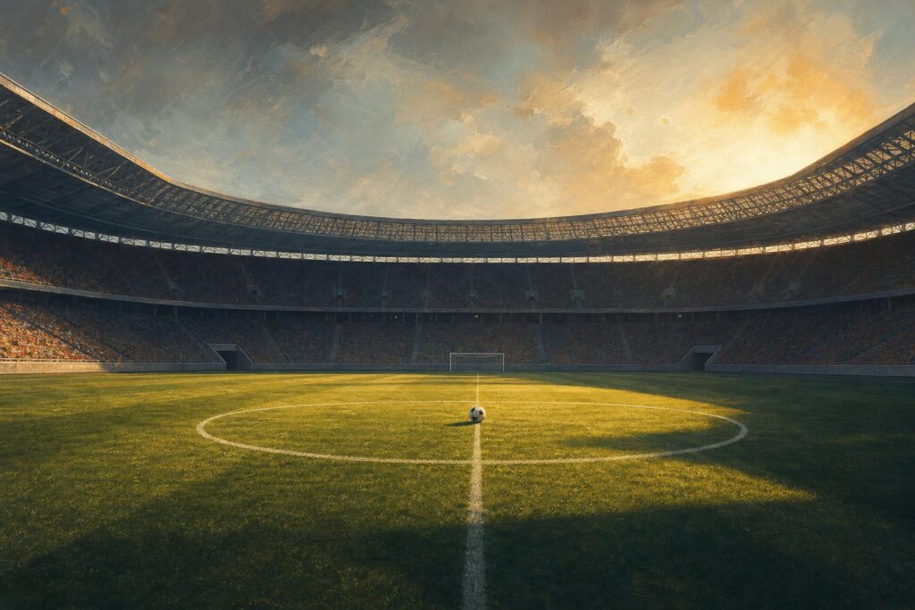 Een bal op de middenstip in een leeg stadion, illustratie