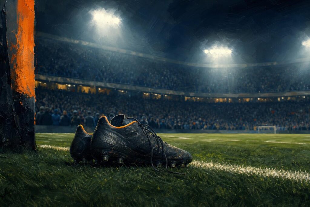 Voetbalschoenen op het gras langs de zijlijn onder de lichtmasten, illustratie