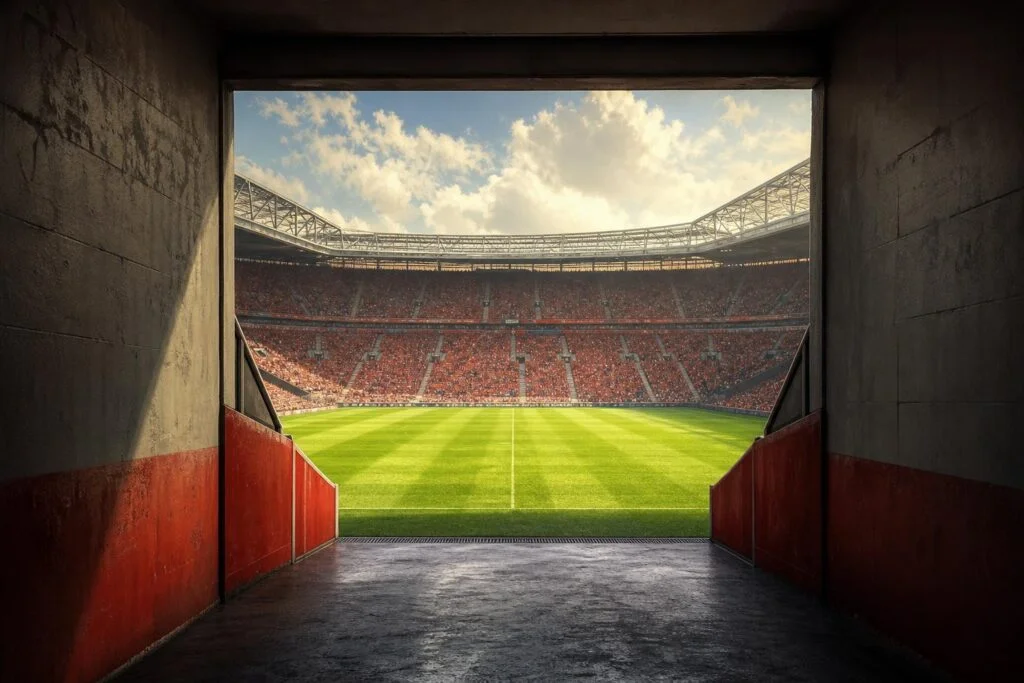 Vanuit de spelerstunnel het veld op in Anfield, illustratie