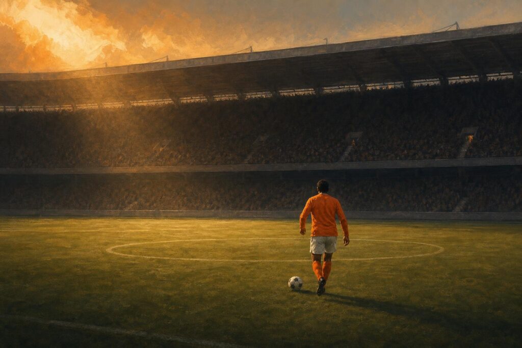Een middenvelder dribbelt over een leeg middenveld in het avondlicht, illustratie