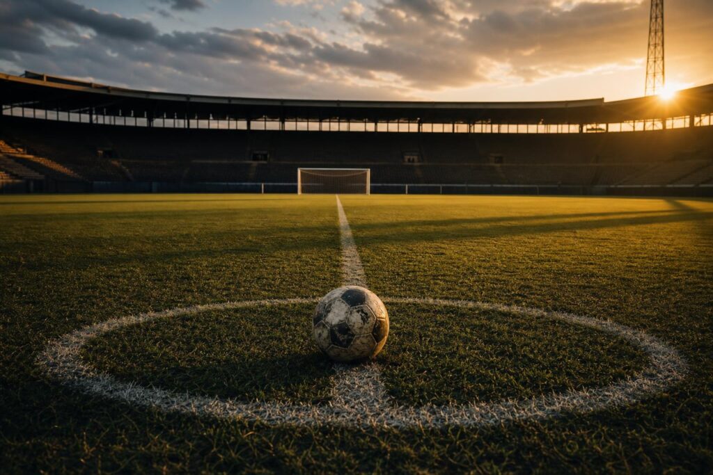 Een bal op de middenstip van een leeg veld in het avondlicht, illustratie