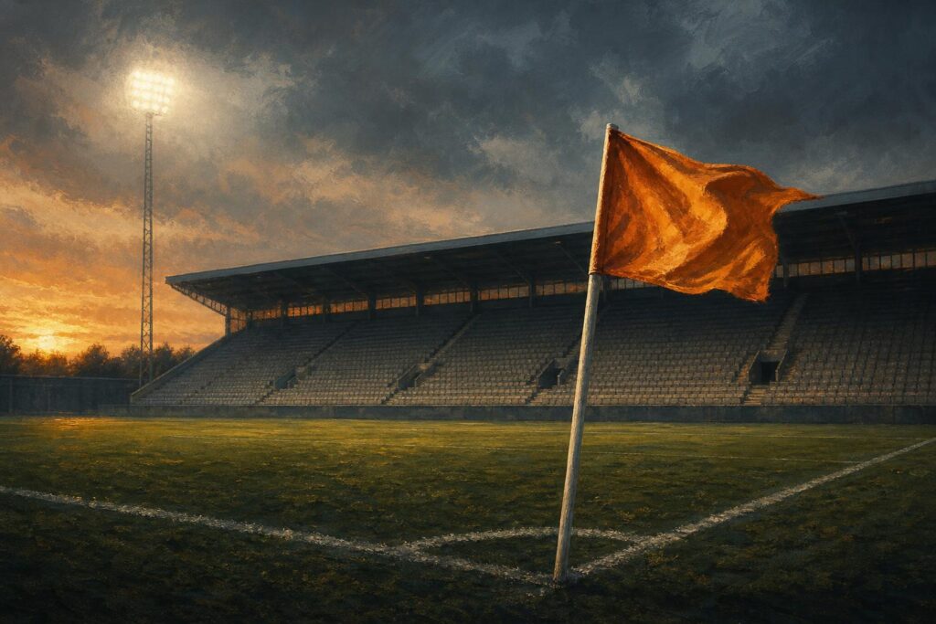 Een hoekvlag in de wind voor een lege tribune bij schemering, illustratie