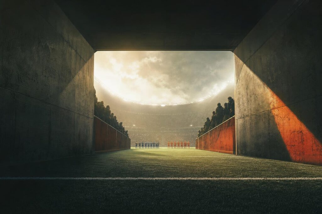 De spelerstunnel gezien vanaf het veld, illustratie