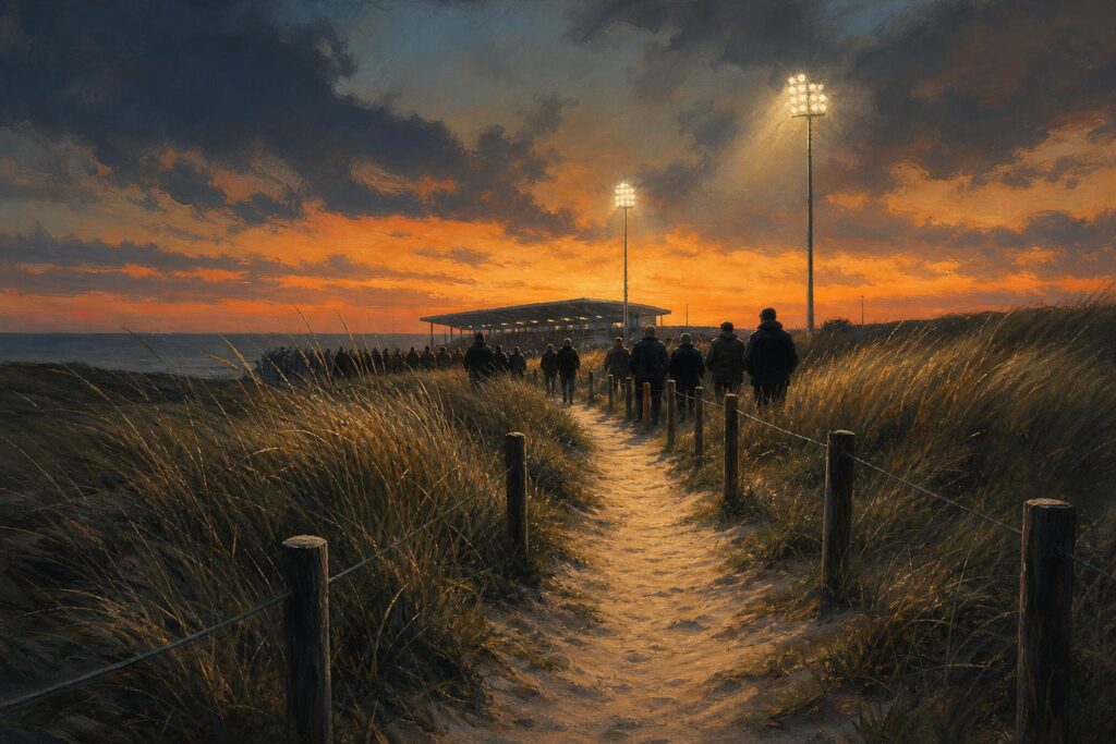 Een duinpad richting de lichtmasten van een klein stadion, illustratie