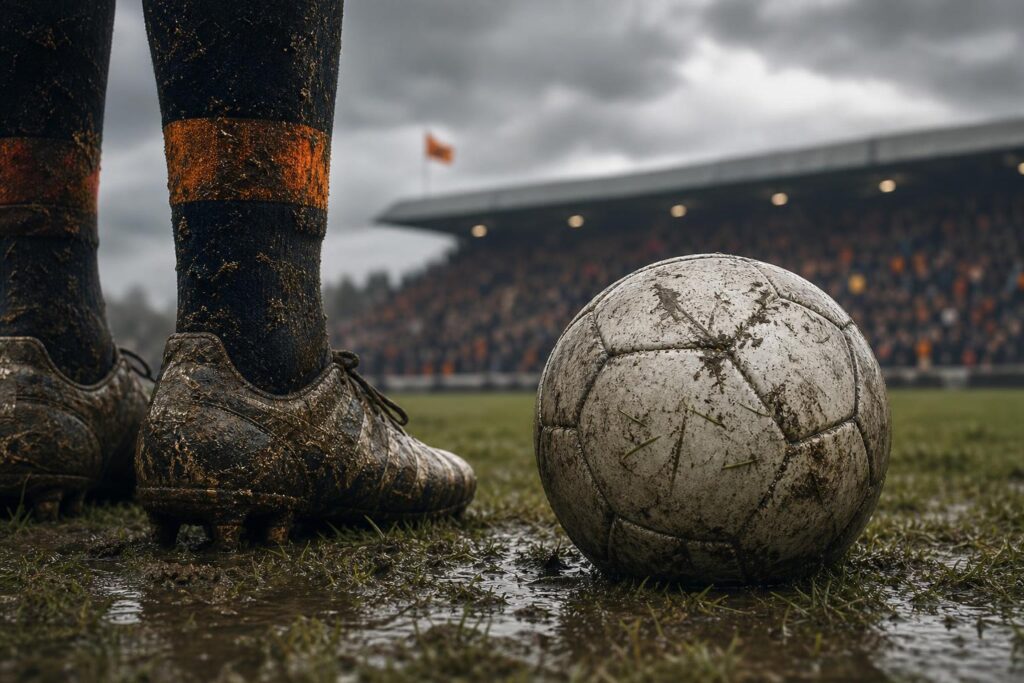 Voetbalschoenen en een bal op nat gras, illustratie