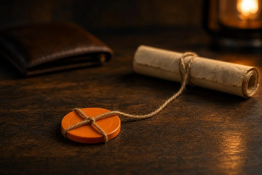 Een oranje casinopenning met een touwtje eraan dat naar een opgerold perkament loopt, met daarnaast een gesloten portemonnee