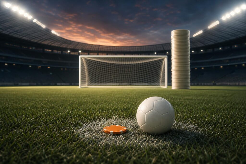 Een oranje casinofiche en een bal op de strafschopstip in een leeg stadion bij avond, met naast de doelpaal een hoge stapel fiches