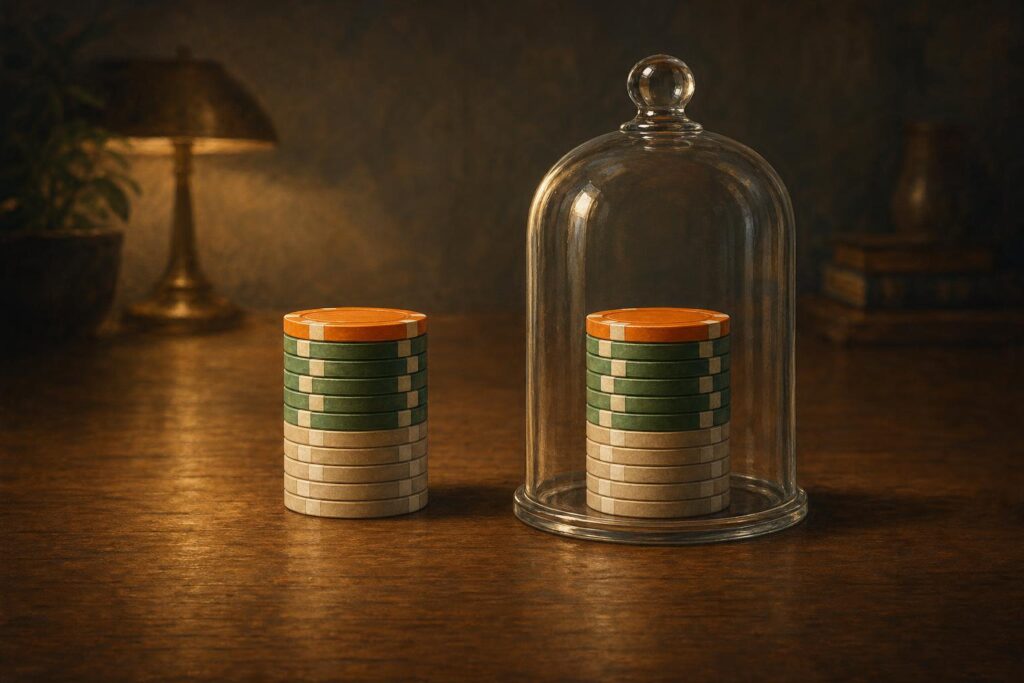 Twee even hoge stapels casinofiches naast elkaar op een tafel; de rechterstapel staat onder een glazen stolp